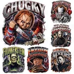 Può includere: Un design grafico con sei personaggi di film horror: Chucky con un coltello, Pennywise con un palloncino rosso, Jason Voorhees con un machete, Frankenstein, Freddy Krueger con guanti artigliati e Michael Myers con un coltello.