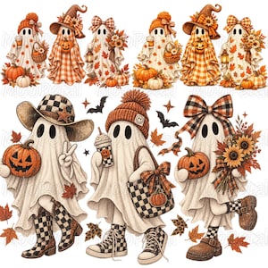 May include: A collection of ghost illustrations featuring various autumn themes. The ghosts are depicted wearing hats, beanies, and bows, holding pumpkins, sunflowers, lanterns, and coffee cups, while wearing checkered boots and sneakers.