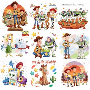May include: A collection of Toy Story character illustrations featuring Woody, Buzz Lightyear, Jessie, Bullseye, Forky, and other figures in various scenes. The images include text such as Toy Story, Star Command: Mars Adventure, and my little cowboy.