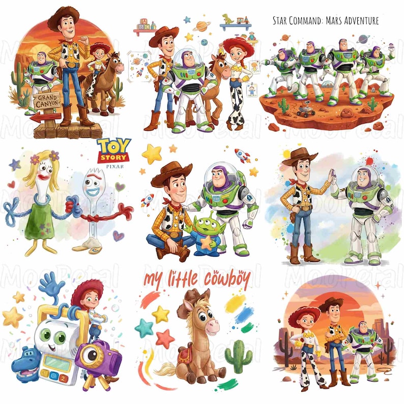 May include: A collection of Toy Story character illustrations featuring Woody, Buzz Lightyear, Jessie, Bullseye, Forky, and other figures in various scenes. The images include text such as Toy Story, Star Command: Mars Adventure, and my little cowboy.