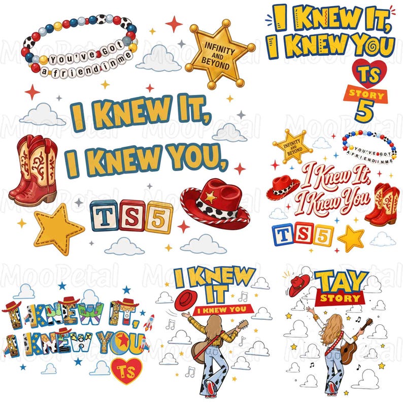 May include: A collection of graphic designs featuring cowboy boots, red hats, star-shaped badges with the text INFINITY AND BEYOND, beaded bracelets with the text YOU'VE GOT A FRIEND IN ME, and the phrases I KNEW IT, I KNEW YOU, TS 5, and TAY STORY.