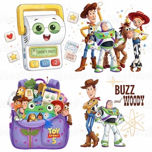 May include: A digital illustration featuring Toy Story characters including Woody, Buzz Lightyear, Jessie, and Bullseye. It includes a purple backpack filled with various toys, a white handheld device with the text SMARTY PANTS, and the text BUZZ and WOODY.