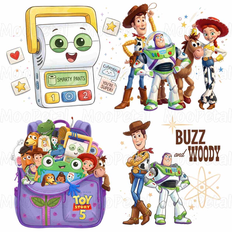 May include: A digital illustration featuring Toy Story characters including Woody, Buzz Lightyear, Jessie, and Bullseye. It includes a purple backpack filled with various toys, a white handheld device with the text SMARTY PANTS, and the text BUZZ and WOODY.