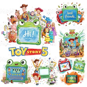 May include: A collection of Toy Story 5 themed digital illustrations featuring characters like Woody, Buzz Lightyear, and Jessie. The designs include green frog-shaped tablets with screens displaying text like Hi! Let's play! and best friends, alongside various colorful toy icons and educational game interfaces.