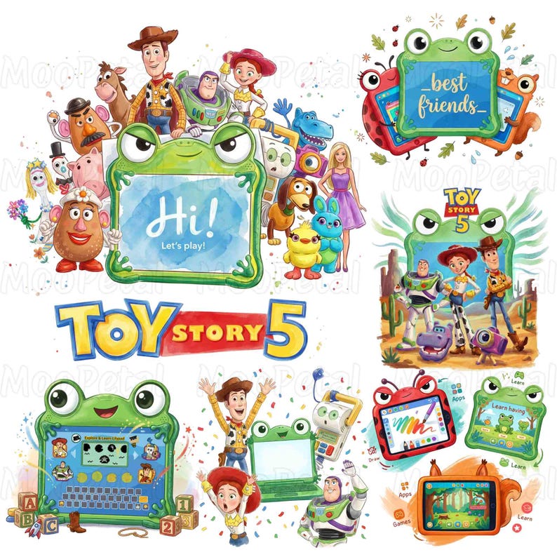 May include: A collection of Toy Story 5 themed digital illustrations featuring characters like Woody, Buzz Lightyear, and Jessie. The designs include green frog-shaped tablets with screens displaying text like Hi! Let's play! and best friends, alongside various colorful toy icons and educational game interfaces.