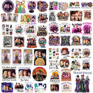 May include: A collection of Hocus Pocus themed digital graphic designs featuring the Sanderson sisters, cauldrons, pumpkins, and various Halloween-inspired typography including phrases like I Put A Spell On You and In October We Wear Pink.