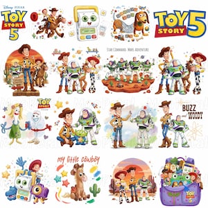 May include: A collection of Toy Story 5 themed illustrations featuring Woody, Buzz Lightyear, Jessie, Bullseye, Slinky Dog, Forky, and other characters in various scenes, including a backpack filled with toys and the text Toy Story 5.