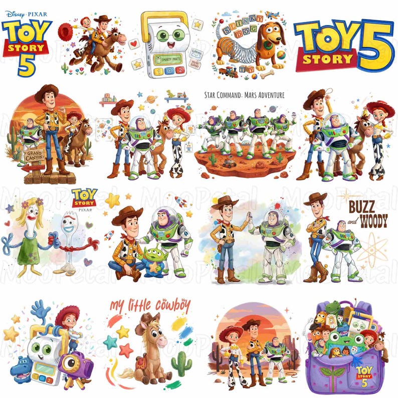 May include: A collection of Toy Story 5 themed illustrations featuring Woody, Buzz Lightyear, Jessie, Bullseye, Slinky Dog, Forky, and other characters in various scenes, including a backpack filled with toys and the text Toy Story 5.