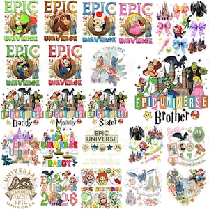 May include: A digital collection of graphic designs featuring characters from video games and theme park attractions, including Mario, Luigi, Yoshi, Donkey Kong, and Toothless, with the text EPIC UNIVERSE, various castles, bows, and stars.