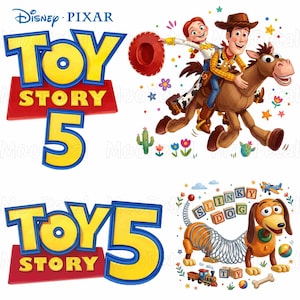 May include: Disney Pixar Toy Story 5 logo with yellow and blue lettering. One graphic shows Jessie and Woody riding Bullseye with cacti and flowers. Another graphic shows Slinky Dog with alphabet blocks, a toy train, and a small airplane.
