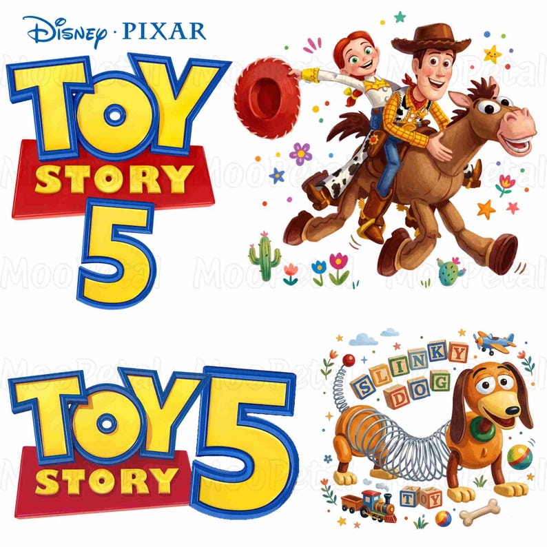 May include: Disney Pixar Toy Story 5 logo with yellow and blue lettering. One graphic shows Jessie and Woody riding Bullseye with cacti and flowers. Another graphic shows Slinky Dog with alphabet blocks, a toy train, and a small airplane.