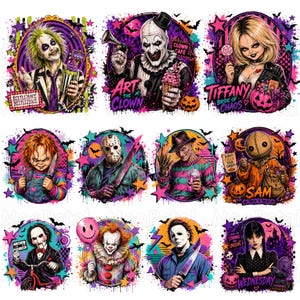 Puede incluir: Una colección de doce ilustraciones de personajes de películas de terror que incluyen a Beetlejuice, Art the Clown, Tiffany, Chucky, Jason Voorhees, Freddy Krueger, Sam, Billy the Puppet, Pennywise, Michael Myers y Wednesday Addams con salpicaduras de pintura vibrantes en morado, rosa y verde.
