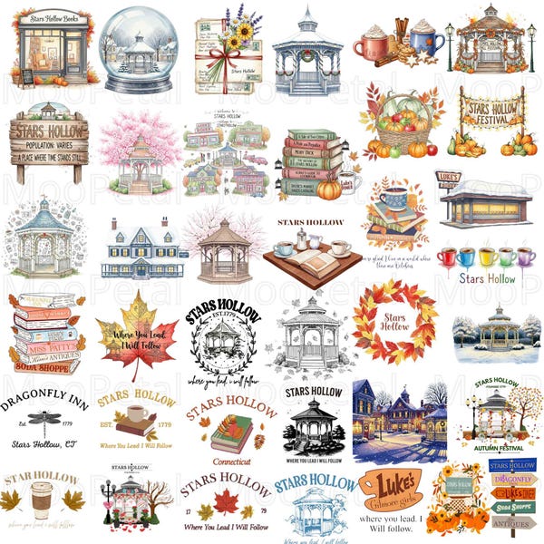 Vintage Stars Hollow Herbstfest PNG-Bundle, Retro Lukes Diner Dragonfly Inn Pavillon-Shirt Clipart, Herbstliche Gemütlichkeit DTF Digitaler Download