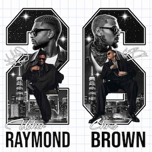 May include: A graphic design featuring two large number 2s containing black and white portraits of Usher and Chris Brown. Each figure is shown in a city skyline setting with stars, signatures, and the names Usher Raymond and Chris Brown below.