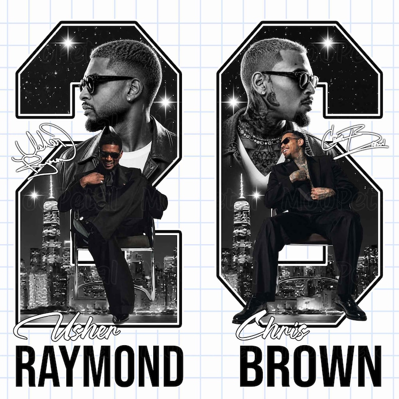 May include: A graphic design featuring two large number 2s containing black and white portraits of Usher and Chris Brown. Each figure is shown in a city skyline setting with stars, signatures, and the names Usher Raymond and Chris Brown below.