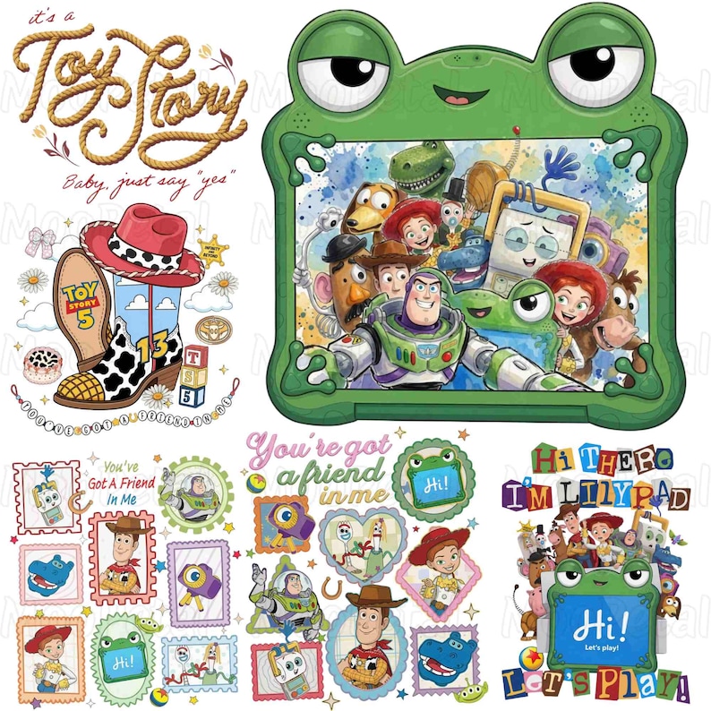 Puede incluir: Una hoja de ilustraci&oacute;n digital con personajes de Toy Story, incluidos Woody, Buzz Lightyear y Jessie. El dise&ntilde;o incluye un marco con forma de rana verde, una bota de vaquero con un sombrero rojo, bordes estilo sello postal y el texto Toy Story, You've got a friend in me y Hi there I'm Lilypad Let's play.