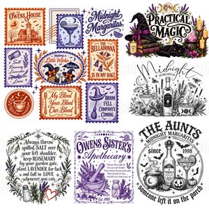 Praktisk magisk PNG-paket, sublimering av midnattsmargarita, Owens Sisters häxiga Halloween-clipart, digital fil för filmcitat från 90-talet