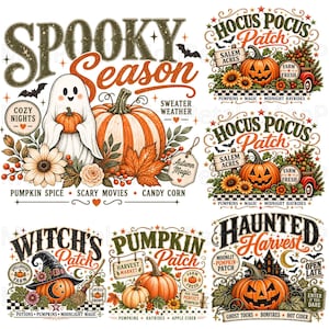 May include: A collection of six Halloween-themed graphic designs featuring pumpkins, a ghost, sunflowers, autumn leaves, bats, and a haunted house. Text elements include Spooky Season, Hocus Pocus Patch, Witch's Patch, Pumpkin Patch, and Haunted Harvest.