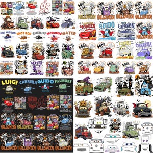 Puede incluir: Una colección de diseños gráficos digitales con personajes de Disney Cars en escenas temáticas de Halloween. Las imágenes incluyen a Lightning McQueen, Mater, Doc Hudson y otros con calabazas, murciélagos, telarañas y textos como Halloween y Boo.