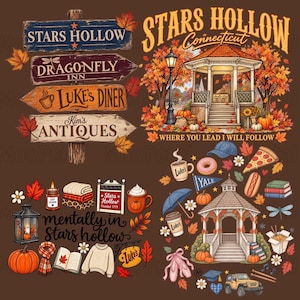 Pode incluir: Uma ilustração digital com elementos temáticos de Stars Hollow, incluindo uma placa de madeira com setas direcionais, um coreto, folhas de outono, abóboras, uma caneca de café, uma fatia de pizza, um cachorro-quente, um suéter, um cachecol e um pequeno veículo amarelo.