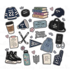 May include: A selection of illustrated stickers with a hockey theme. Includes a jersey, hockey puck, books, a hat, a duffel bag, a coffee cup, a megaphone, hockey sticks, a water bottle, a hoodie, a phone, ice skates, and a foam finger.