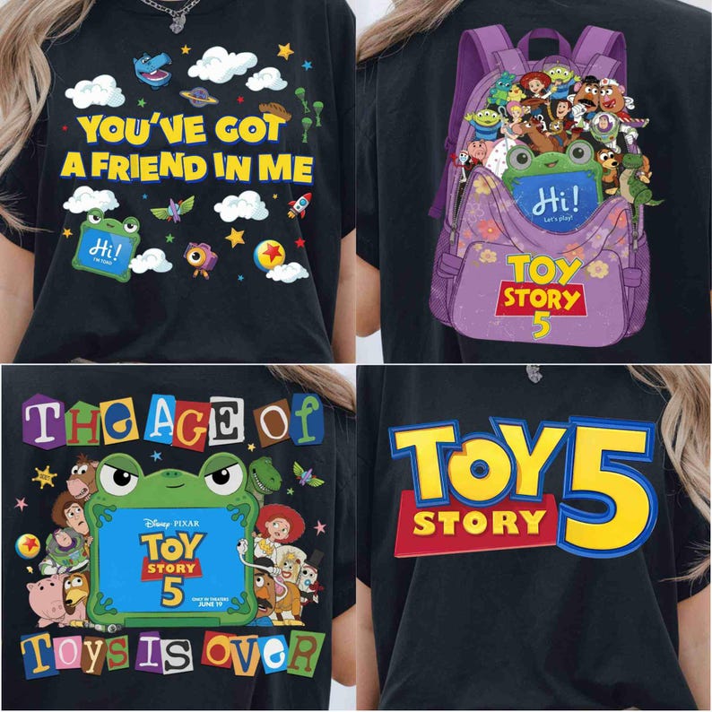 Pode incluir: Uma t-shirt preta com gr&aacute;ficos de Toy Story. Um lado exibe o texto "YOU'VE GOT A FRIEND IN ME" com nuvens e estrelas. Outro lado mostra uma mochila roxa cheia de personagens e "TOY STORY 5". Outros designs incluem uma moldura de sapo com "TOY STORY 5" e o texto "THE AGE OF TOYS IS OVER".