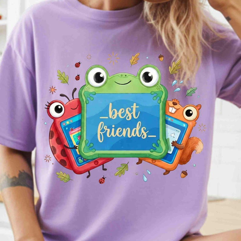 May include: A light purple t-shirt featuring a graphic of a green frog, a red ladybug, and an orange squirrel, each holding a tablet. The central green frog tablet displays the text "best friends" in cursive script, surrounded by small leaves.