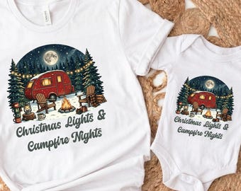 Christmas Lights & Campfire Nights Shirt, Winter Camping Gift, Retro Teardrop Camper Graphic Tee, Cozy Holiday Apparel