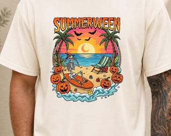 Summerween Skeleton Beach Shirt, Halloween Summer Vacation Tee, Skeleton Surfboard Tropical Pumpkin Shirt,Summer Halloween Gift