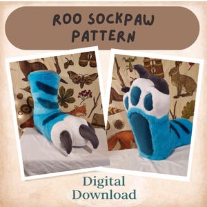 May include: Two images of a blue, white, and black plush sockpaw. The sockpaw has a blue striped leg, a white paw, and black claws. The text "ROO SOCKPAW PATTERN" is at the top, and "Digital Download" is at the bottom.