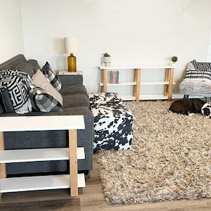 Peut inclure: Un canap&eacute; gris fonc&eacute; avec des coussins &agrave; motifs et un pouf &agrave; imprim&eacute; vache noir et blanc. Deux consoles blanches et en bois clair &agrave; trois &eacute;tag&egrave;res sont pr&eacute;sentes. Un tapis beige &agrave; poils longs recouvre le sol et un chien noir et blanc se repose.