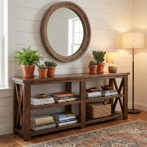 May include: A long, dark brown wooden console table with X-shaped side supports and two open shelves. The table holds several potted green plants, stacks of books, and a woven basket. A large, round wooden-framed mirror hangs on the wall above.