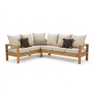 May include: L-shaped outdoor sectional sofa with light beige cushions and wooden frame. Decorative throw pillows in black and beige patterns add a touch of style. The sofa is designed for outdoor use and offers comfortable seating.