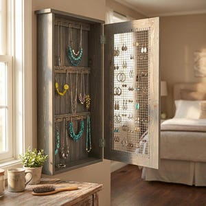 May include: A gray wooden jewelry armoire with an open door revealing a wire mesh interior for earrings. The interior has hooks for necklaces. Various necklaces and earrings are displayed, showcasing a variety of styles and colors.