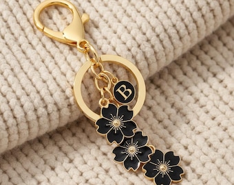 Floral Initial Keychain Gold Letter Charm Cute Bag Charm Black Flower Keychain Purse Charm Gift for Her