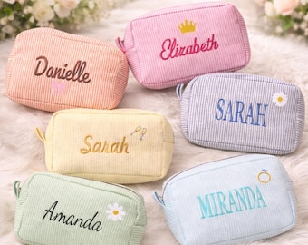 Personalized Embroidered Cosmetic Bag With Name, Custom Toiletry Seersucker Bridesmaid Travel Gift, Cute Pattern Organizer Storage Pouch