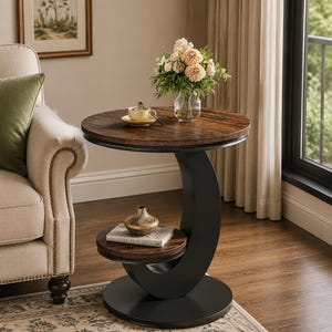 Round End Table with Storage Shelf, 2 Tier Side Table for Living Room, Wood Metal Bedside Nightstand for Small Spaces Bedroom Decor