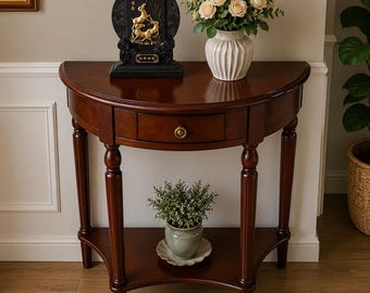 Solid Wood Console Table with Drawer, Half Moon Entryway Table, Walnut Sofa Table, Vintage Hallway Storage Shelf for Living Room