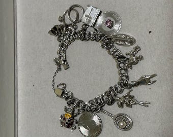 Vintage ELCO Sterling Silver Charm Bracelet, 34g Heavy Double Link 3D ballerina and others