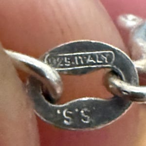 May include: Close-up of a silver jewelry clasp. The clasp is oval-shaped with the markings "925-ITALY" and "S.S." stamped on it. The clasp is attached to a silver chain, with a blurred pink background.