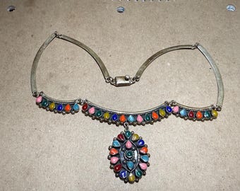 Vintage D’Molina Taxco Mexico 925 Sterling Multi-Stone Inlay Fringe Necklace TM-90