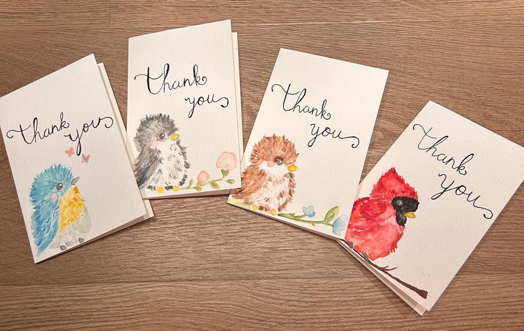 Hand Painted Thank You Watercolor Bird Cards (set of 4) - Etsy