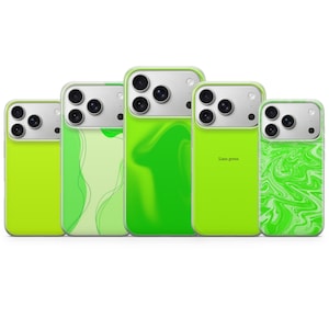 May include: Five lime green phone cases with different designs. The cases have a glossy finish and a clear border. One case has the text "Lime green". The designs include abstract swirls and lines.