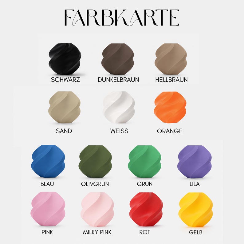 May include: A color chart titled FARBKARTE displaying fourteen twisted, spherical objects in various solid colors including black, dark brown, light brown, sand, white, orange, blue, olive green, green, purple, pink, milky pink, red, and yellow.