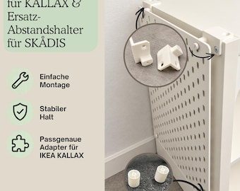May include: A white plastic adapter set for mounting a pegboard to a shelving unit. The set includes two L-shaped corner brackets and two cylindrical spacers. Text on the image reads SKÅDIS Adapter für KALLAX & Ersatz-Abstandshalter für SKÅDIS.