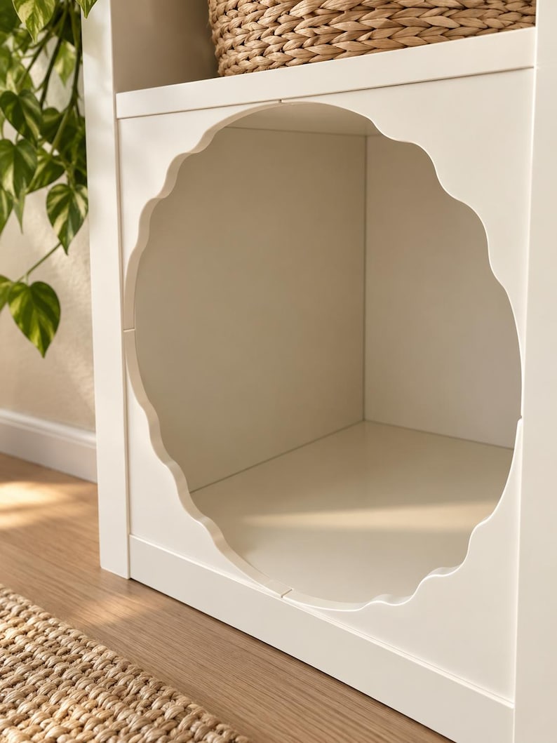 May include: A white storage unit featuring a square cubby with a scalloped, circular cutout opening. The interior of the cubby is smooth and white, providing an open space for storage or display within the structured frame of the furniture piece.