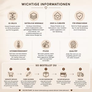 May include: An informational graphic with a beige background featuring icons and German text explaining 3D printing, product characteristics, care instructions, and a five-step ordering process for custom items, ending with a thank you message.