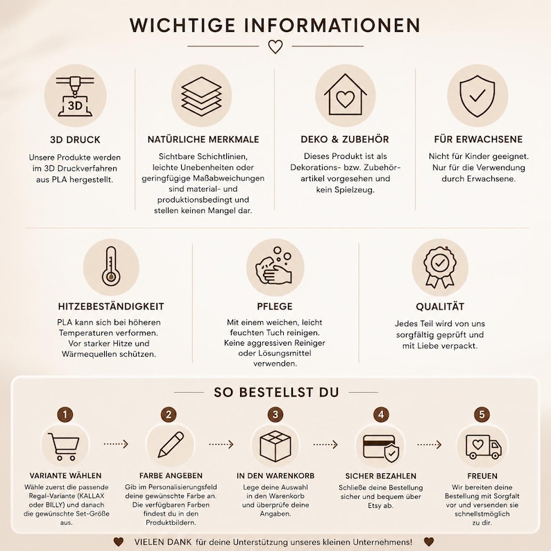 May include: An informational graphic with a beige background featuring icons and German text explaining 3D printing, product characteristics, care instructions, and a five-step ordering process for custom items, ending with a thank you message.