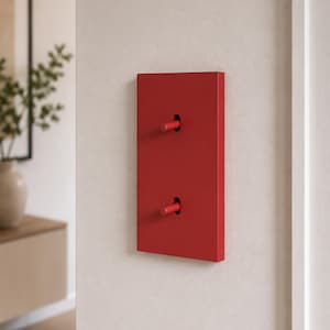 Op de afbeelding: Een rechthoekige rode lichtschakelaarplaat met twee cilindrische tuimelschakelaars. De plaat is verticaal op een muur gemonteerd, met een gladde, matte afwerking en een strak, vlak ontwerp dat ruimte biedt aan de twee uitstekende schakelaars.