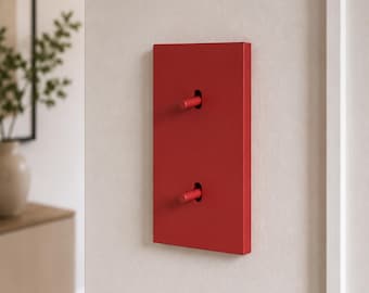 May include: A rectangular red light switch plate featuring two cylindrical toggle switches. The plate is mounted vertically on a wall, with both the plate and the toggles finished in a solid, matte red color, providing a uniform appearance.